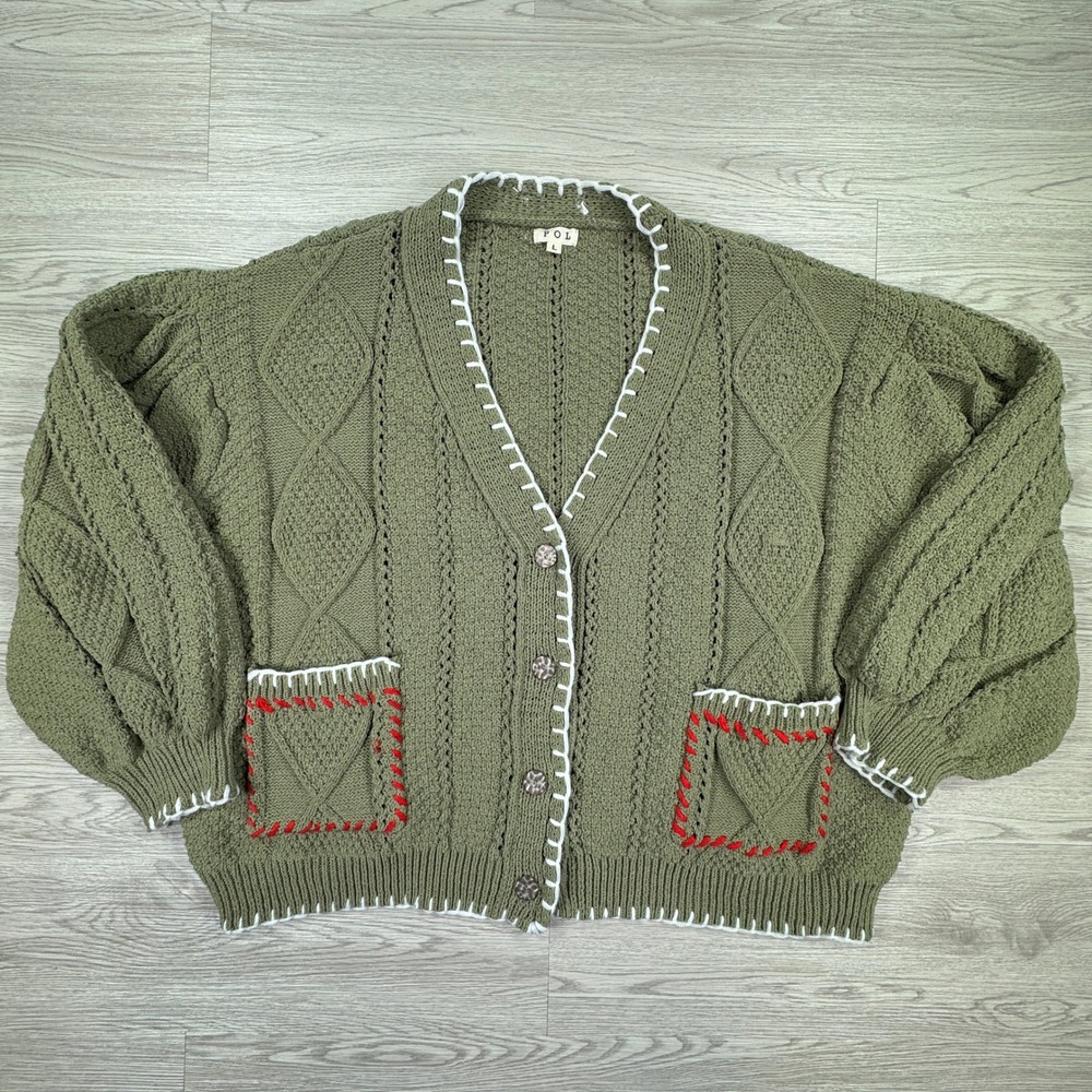 POL Womens Cable Knit Cardigan Sweater Olive Green Large Cottagecore Grandmacore